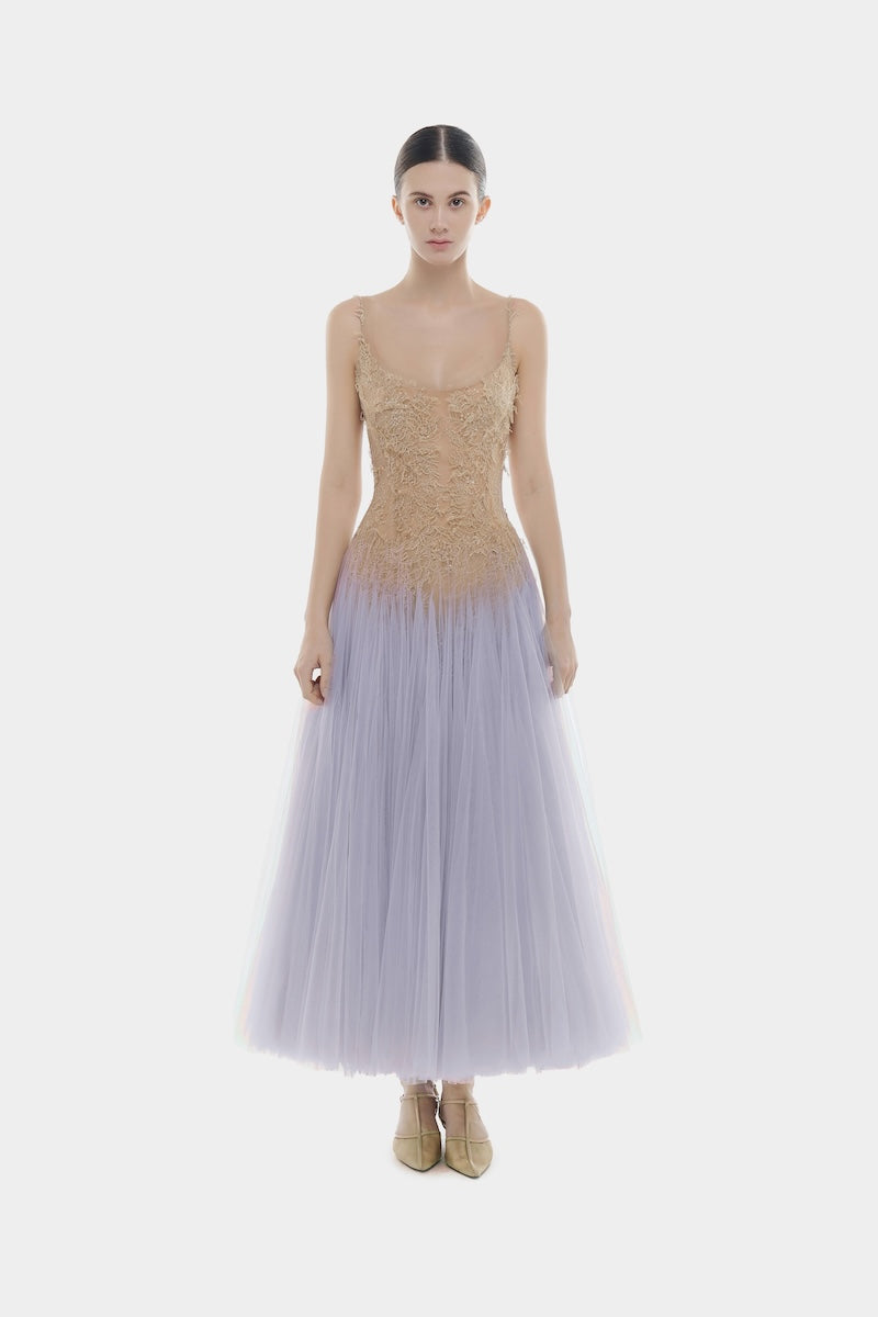 Violet ombre lace gown by Montsand, elegant midi dress with intricate lace details and a flowing silhouette.