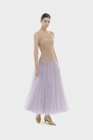 Violet ombre lace gown by Montsand featuring a fitted midi dress with intricate lace details and elegant silhouette.