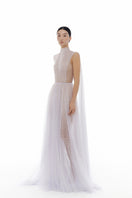 Violet smocked lace gown by Montsand featuring a flowing maxi dress with intricate lace details and a flattering smocked bodice.