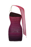 Nana Jacqueline Violetta mini dress with one-shoulder design and purple gradient fabric, shown from the back.