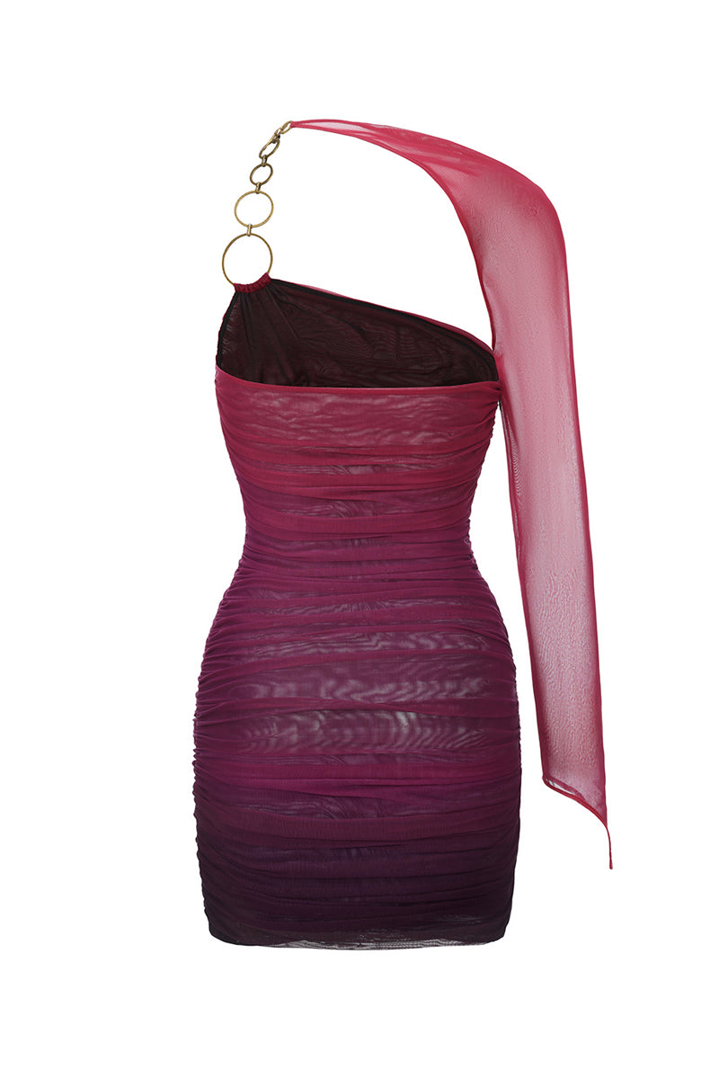 Nana Jacqueline Violetta mini dress with one-shoulder design and purple gradient fabric, shown from the back.