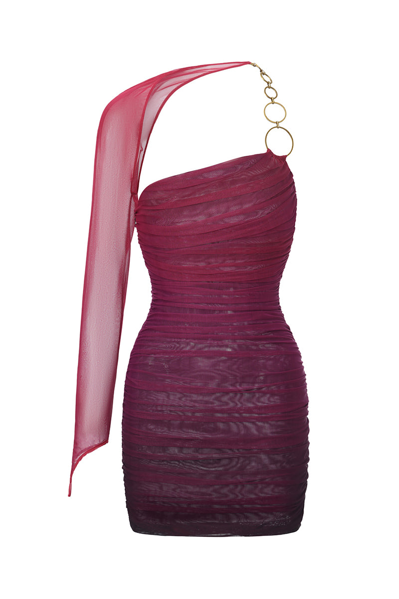 Nana Jacqueline Violetta mini dress with one-shoulder design and purple gradient fabric, front view.