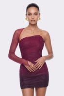 Nana Jacqueline Violetta mini dress with one-shoulder design and purple gradient fabric, stylish and elegant for special occasions.