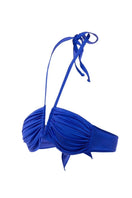 Deep blue satin bikini top from Suncillo's Virna collection, featuring smooth fabric and a stylish, supportive design.
