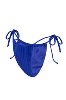 Deep blue satin bikini bottom from Suncillo's Virna collection, featuring smooth, shiny fabric and a sleek, fitted design.