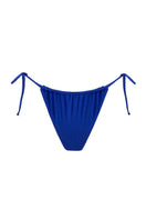Suncillo Virna satin bikini bottom in deep blue, showing smooth satin fabric and classic bikini cut on a flat lay.