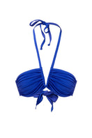 Deep blue satin bikini top from Suncillo's Virna collection, featuring a sleek and smooth design for stylish swimwear.