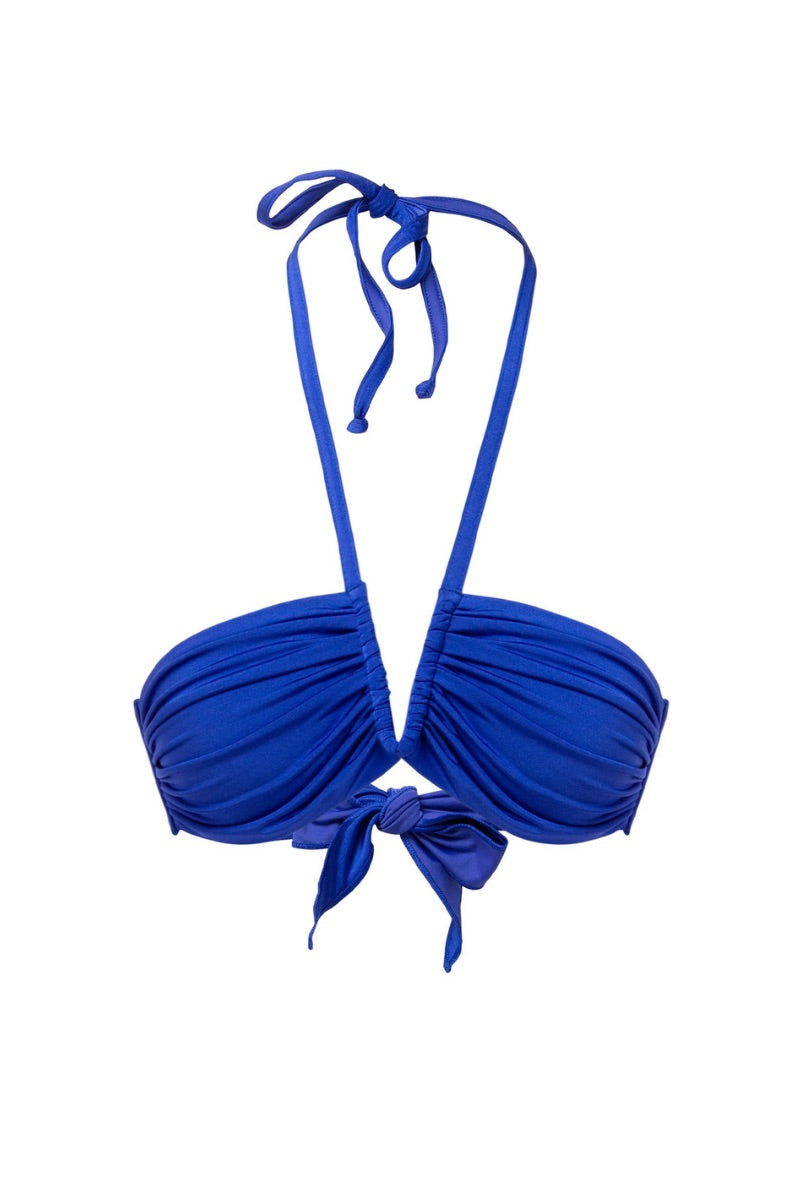 Deep blue satin bikini top from Suncillo's Virna collection, featuring a sleek and smooth design for stylish swimwear.