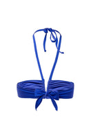 Suncillo Virna satin bikini top in deep blue, featuring smooth fabric and adjustable straps, displayed on a mannequin.