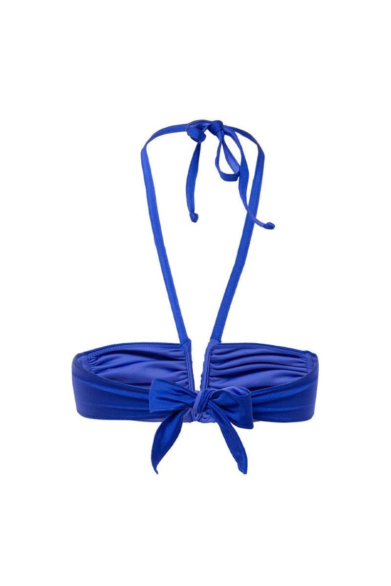 Suncillo Virna satin bikini top in deep blue, featuring smooth fabric and adjustable straps, displayed on a mannequin.