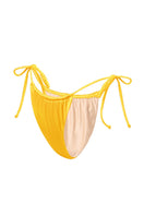 Yellow glossy bikini bottom by Suncillo from the Virna Sicily collection, featuring a sleek, shiny fabric design.
