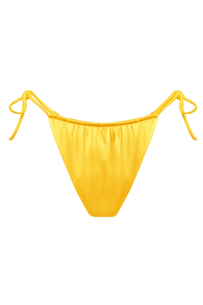 Yellow glossy bikini bottom from Suncillo Virna Sicily collection, featuring a sleek, shiny fabric and modern design.
