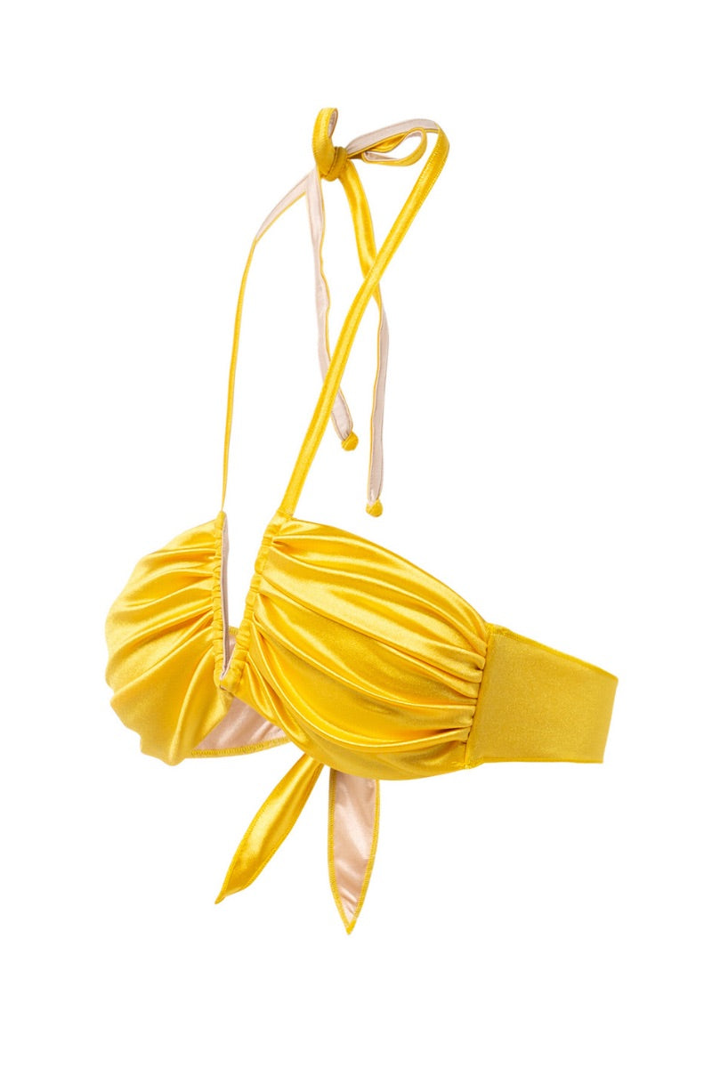Bright yellow Suncillo Virna glossy bikini top with adjustable straps, featuring a sleek, stylish design perfect for summer wear.