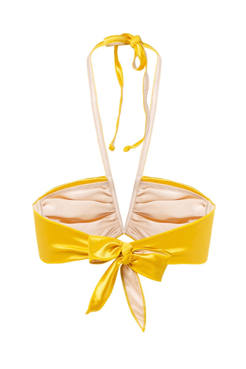 Bright yellow Suncillo Virna glossy bikini top with adjustable straps, shown on a mannequin.