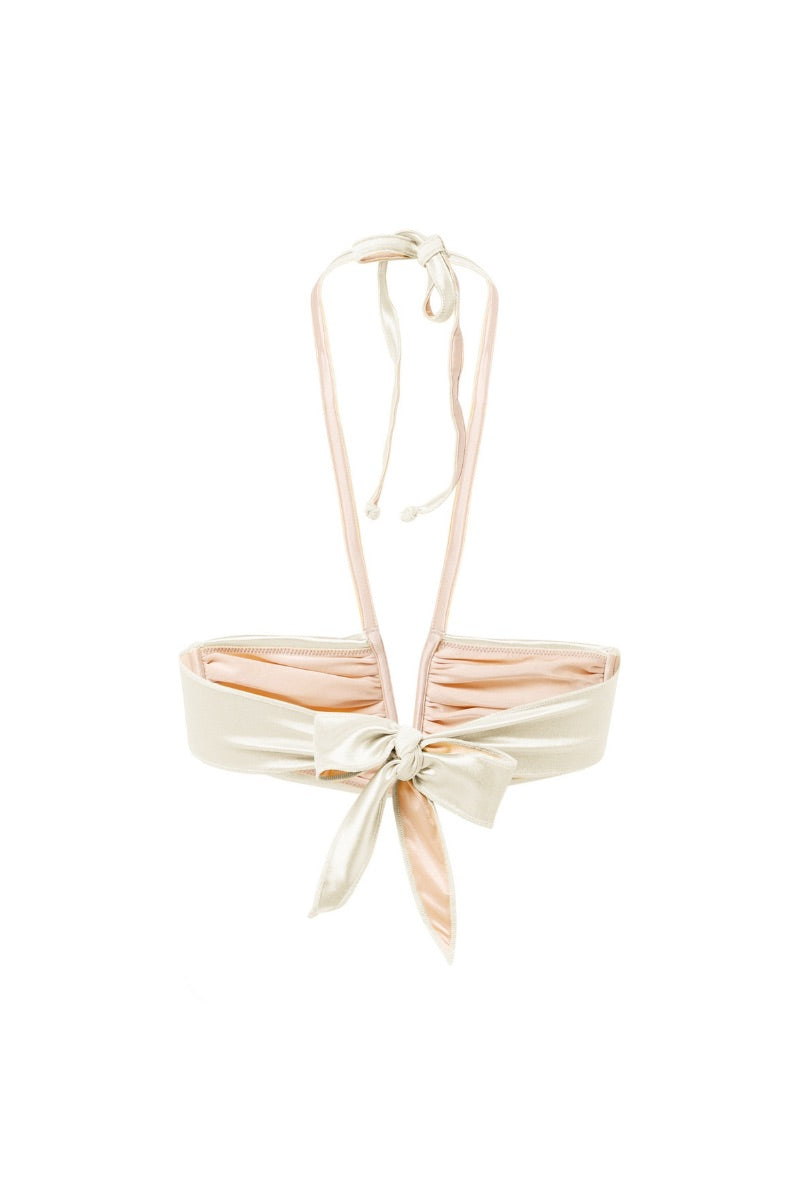 White pearl VIRNA glossy bikini top by Suncillo featuring a sleek, fitted design with adjustable straps.