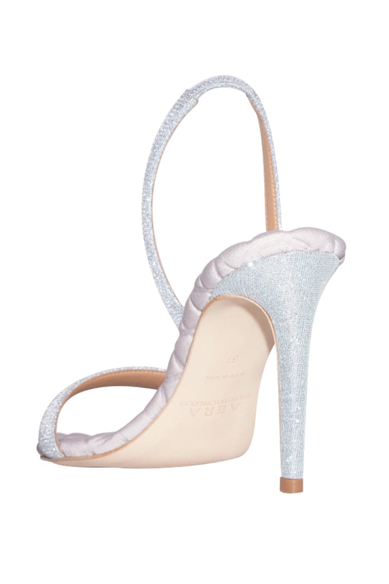 A pair of silver lurex slingback sandals with a sleek design, featuring a metallic finish and open toe for stylish summer wear.
