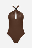 Maliluha Voyage One-Piece Swimsuit in brown, featuring a sleek design and supportive fit, ideal for beach or pool wear.