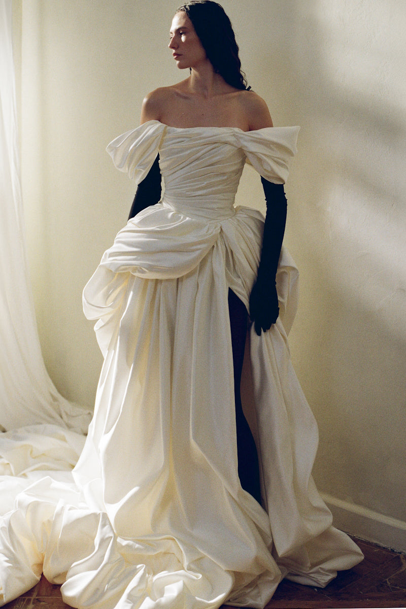 Elegant Venera Blanche gown by Monetre, flowing white dress with delicate details, perfect for formal occasions.