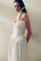 Elegant Luna gown by Monetre, flowing fabric with intricate detailing, showcased in a full-length view.