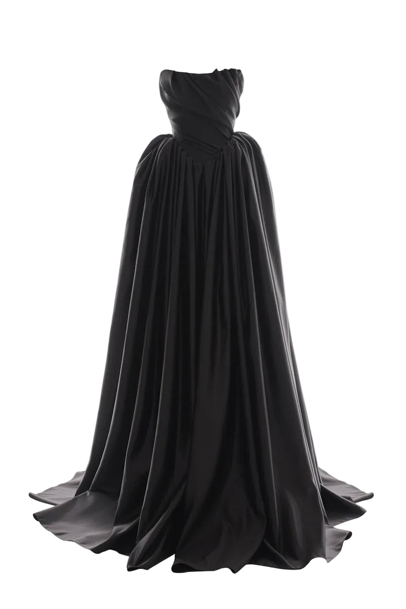 Elegant black Eterna gown by Monetre, flowing fabric with a sophisticated design, perfect for formal occasions.