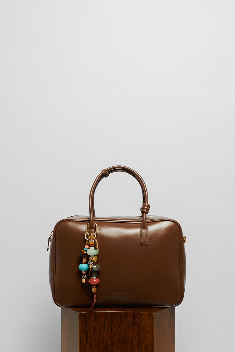 Leather work bag in mocha with top handle, stylish and functional by FolkLore The Label.