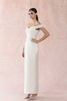 White taffeta pleated maxi dress by HACCHIC COUTURE, featuring elegant pleats and a flowing silhouette.
