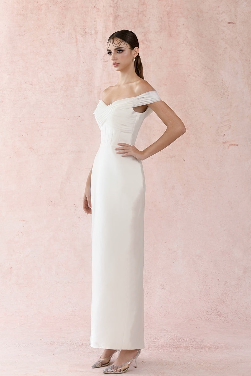 White taffeta pleated maxi dress by HACCHIC COUTURE, featuring elegant pleats and a flowing silhouette.