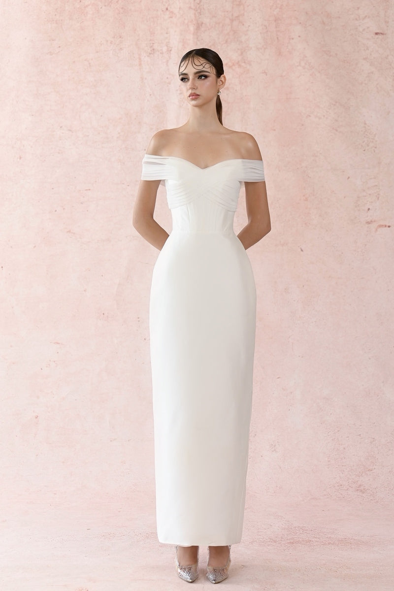 WHITE TAFFETA PLEATED DRESS - CULT MIA