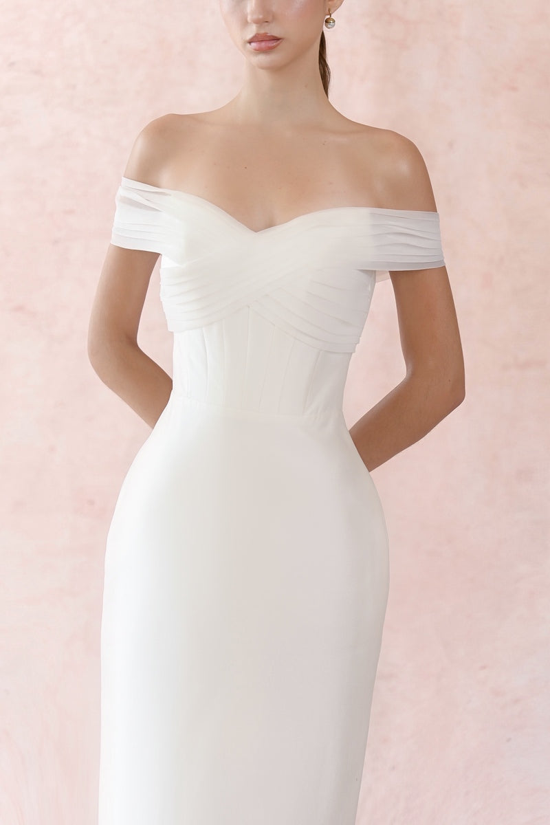 WHITE TAFFETA PLEATED DRESS
