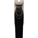 Jenny K Tran Whitshire beige and black gown, elegant formal dress with flowing fabric and stylish design.