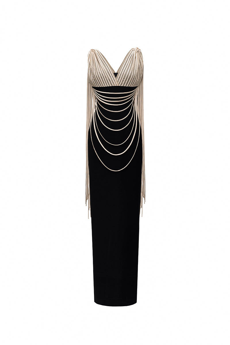 Jenny K Tran Whitshire beige and black gown, elegant formal dress with flowing fabric and stylish design.