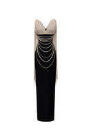 Jenny K Tran Whitshire beige and black gown, elegant formal dress with flowing fabric and stylish design.