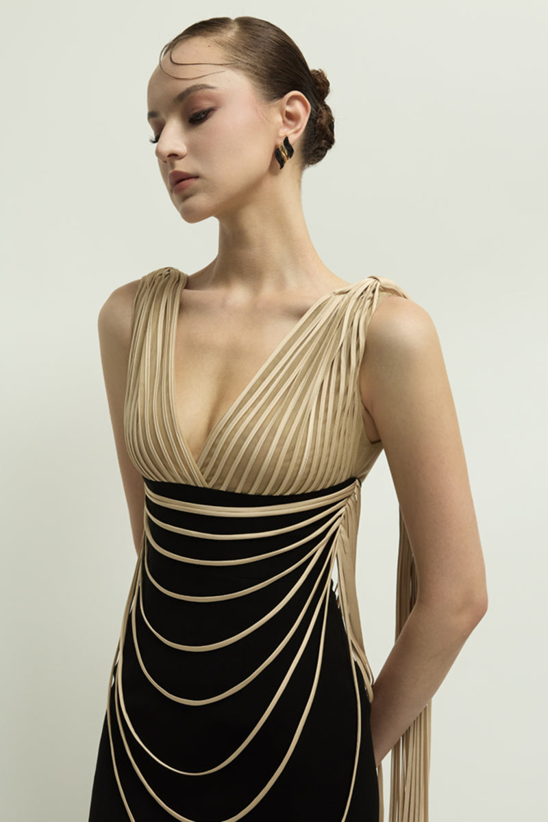 Jenny K Tran Whitshire gown in beige and black, elegant dress with stylish design, suitable for formal occasions.