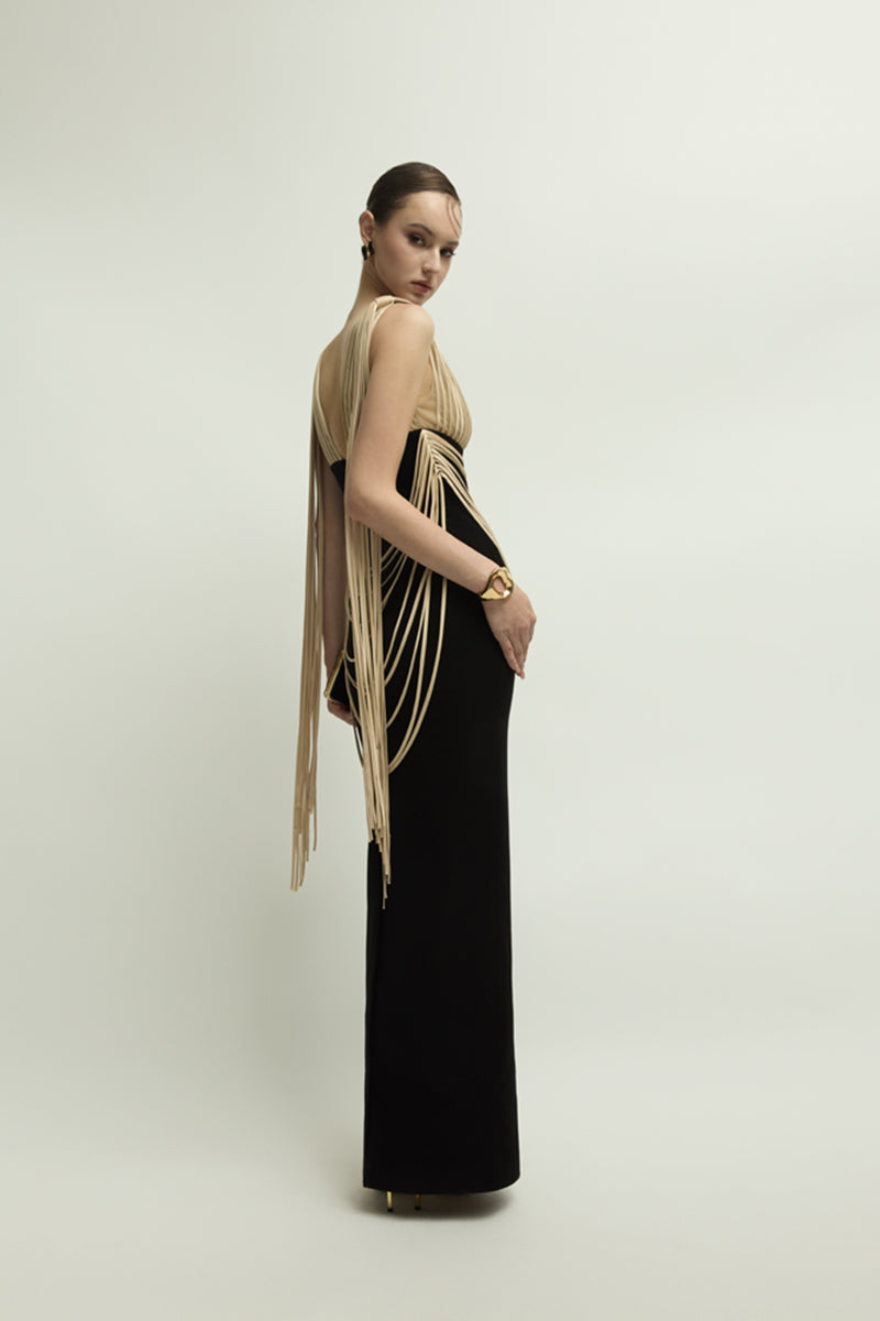 Jenny K Tran Whitshire dress in beige and black, elegant gown with a flowing silhouette and stylish design.