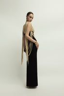 Jenny K Tran Whitshire dress in beige and black, elegant gown with a flowing silhouette and stylish design.