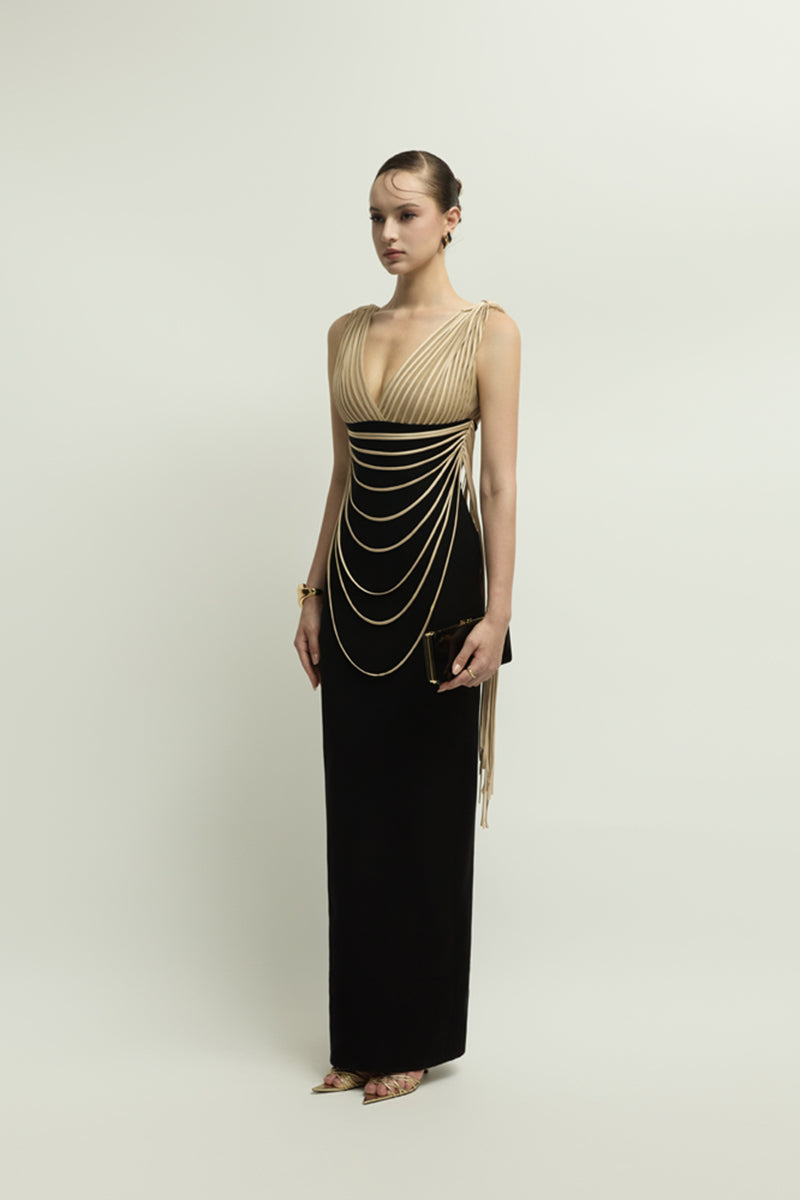 Jenny K Tran Whitshire gown in beige and black, elegant dress with flowing fabric and stylish design, perfect for formal occasions.