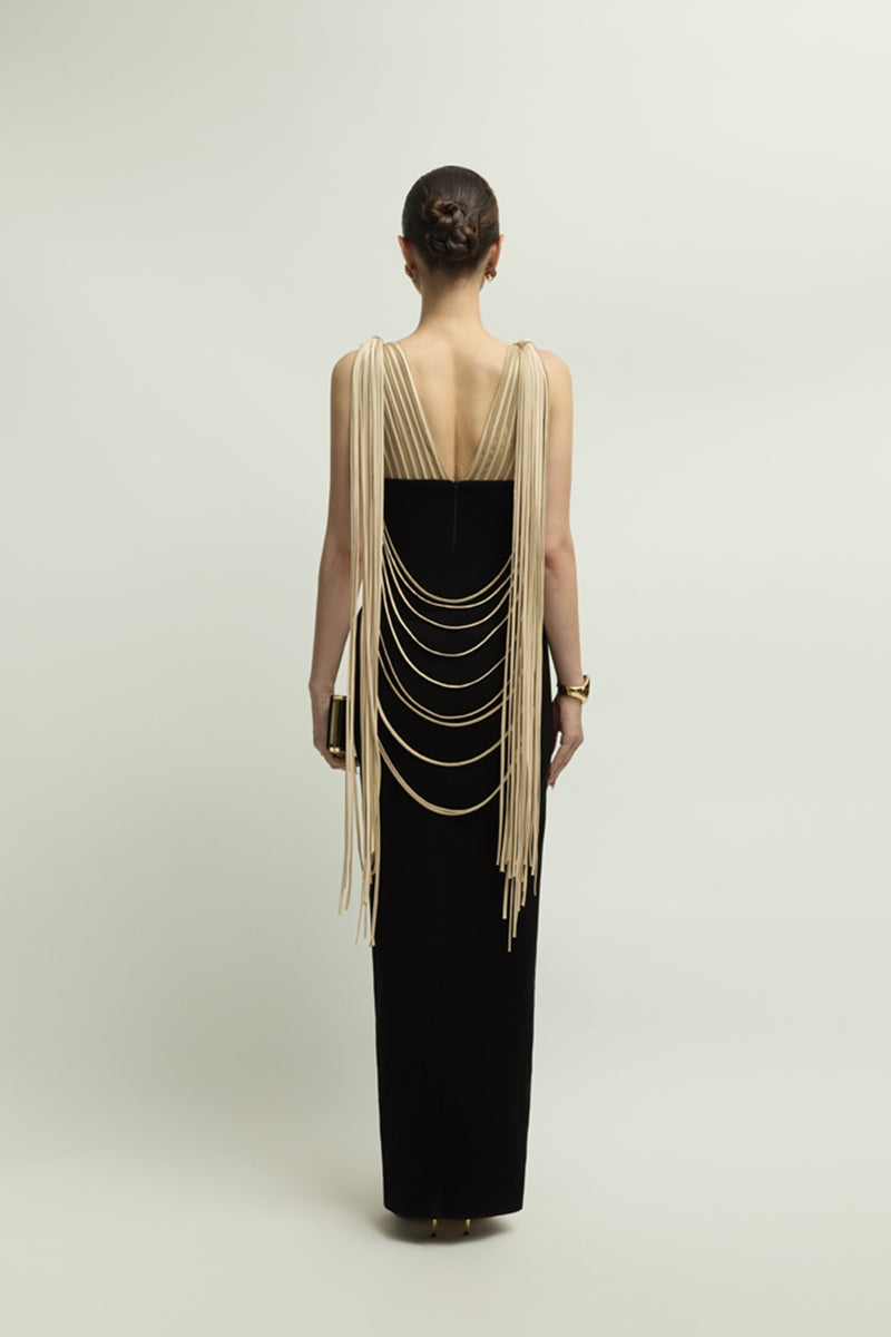 Jenny K Tran Whitshire dress in beige and black, elegant gown with a flowing design and stylish details.