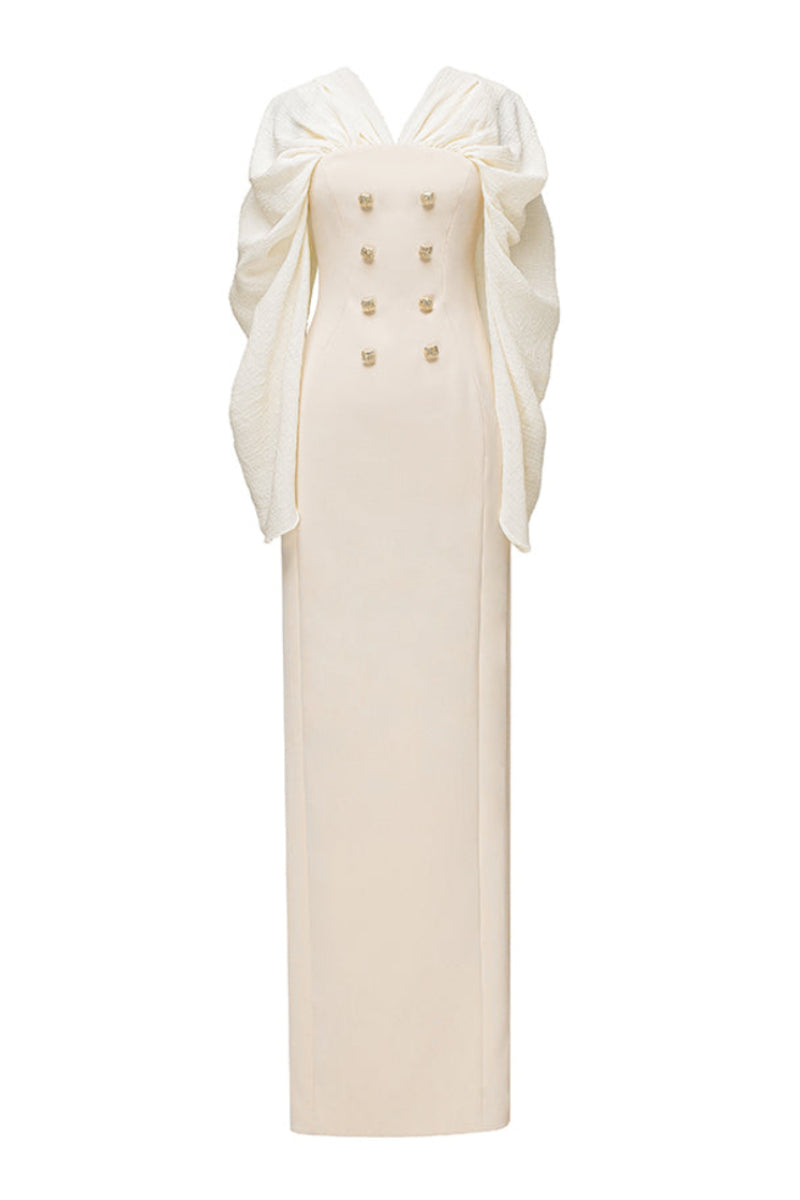 Jenny K Tran Willow gown in ivory and beige, flowing dress with soft fabric, elegant design perfect for formal occasions.