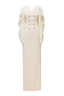 Jenny K Tran Willow gown in ivory and beige, flowing dress with soft fabric, elegant design perfect for formal occasions.