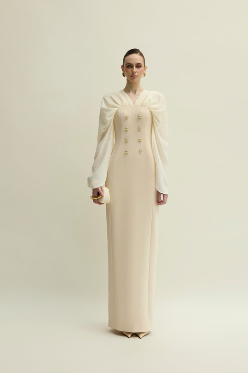 Jenny K Tran Willow gown in ivory and beige, flowing dress with elegant fabric and delicate design.