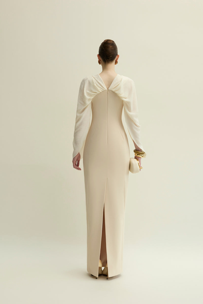 Jenny K Tran Willow dress in ivory and beige, elegant gown with flowing fabric and subtle detailing, perfect for formal occasions.