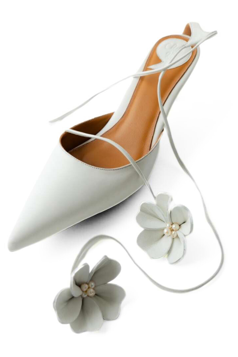 Elegant Christin Wu Willow Heels featuring a sleek design, shown in a close-up of the stylish heel and shoe details.