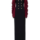 Jenny K Tran Willow gown in burgundy and black, featuring elegant fabric and a flowing design perfect for formal occasions.