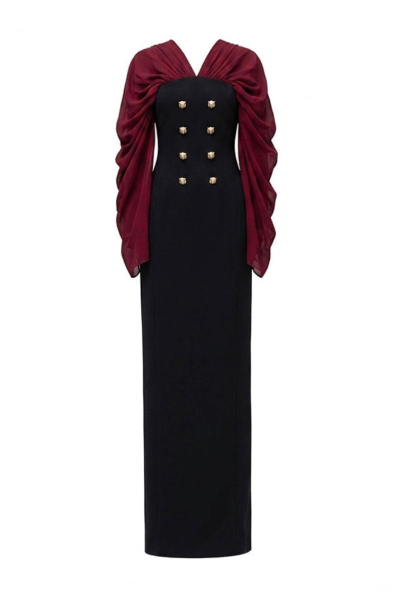 Jenny K Tran Willow gown in burgundy and black, featuring elegant fabric and a flowing design perfect for formal occasions.