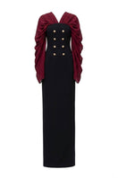 Jenny K Tran Willow gown in burgundy and black, featuring elegant fabric and a flowing design perfect for formal occasions.