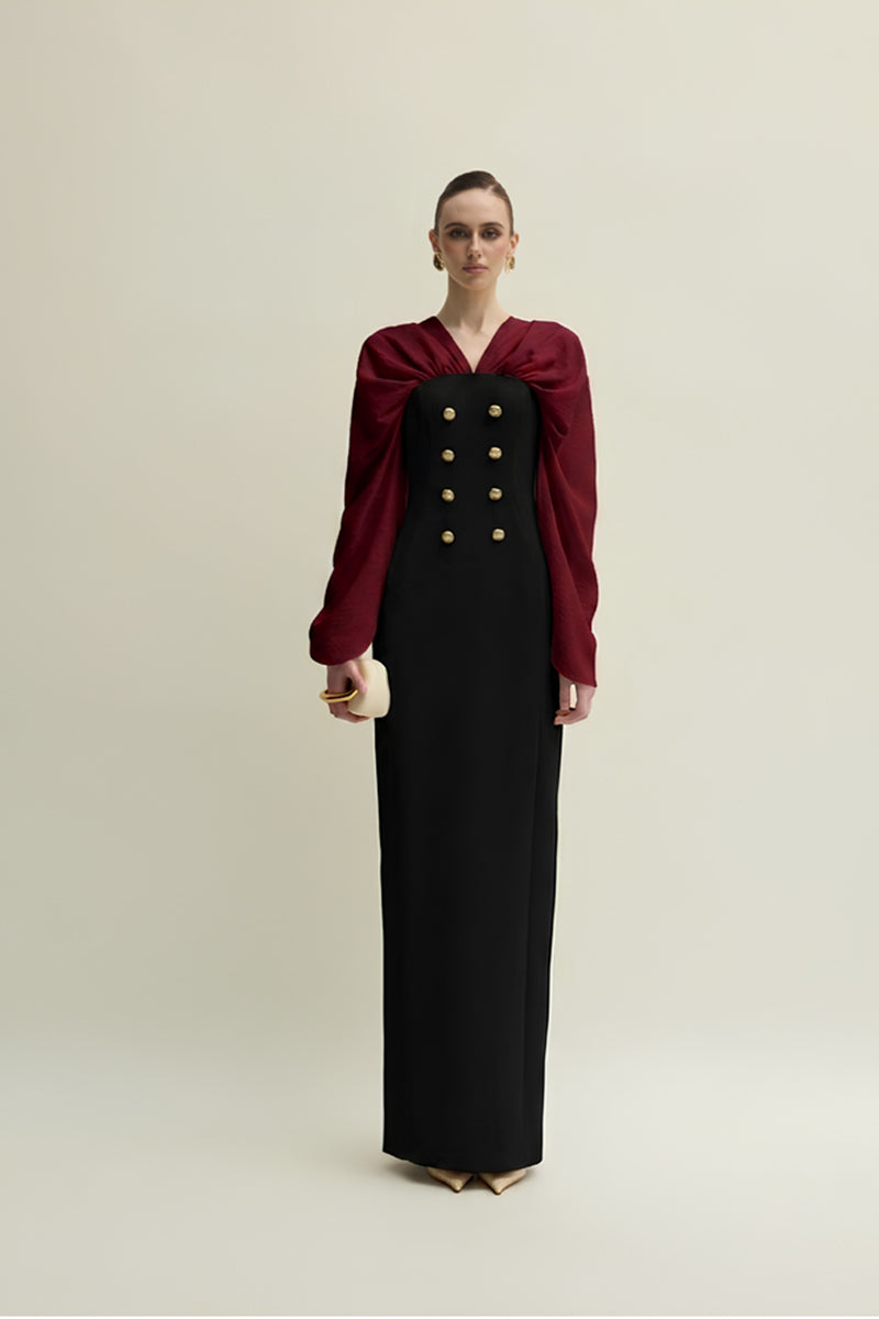 Elegant Jenny K Tran Willow gown in burgundy and black with a flowing design, perfect for formal occasions.