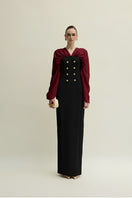 Elegant Jenny K Tran Willow gown in burgundy and black with a flowing design, perfect for formal occasions.