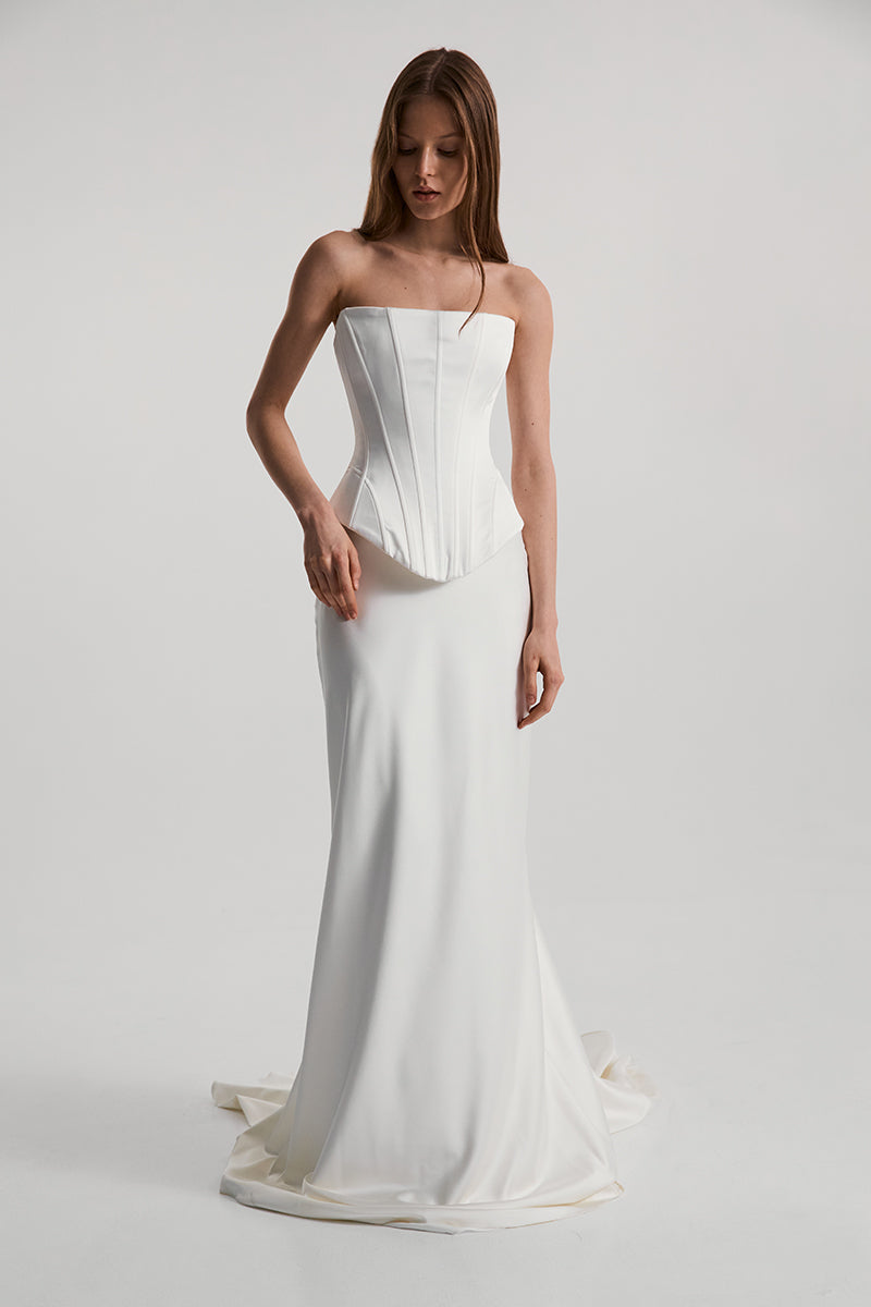 SKIRT WITH TRAIN SATIN IN OFF-WHITE - CULT MIA