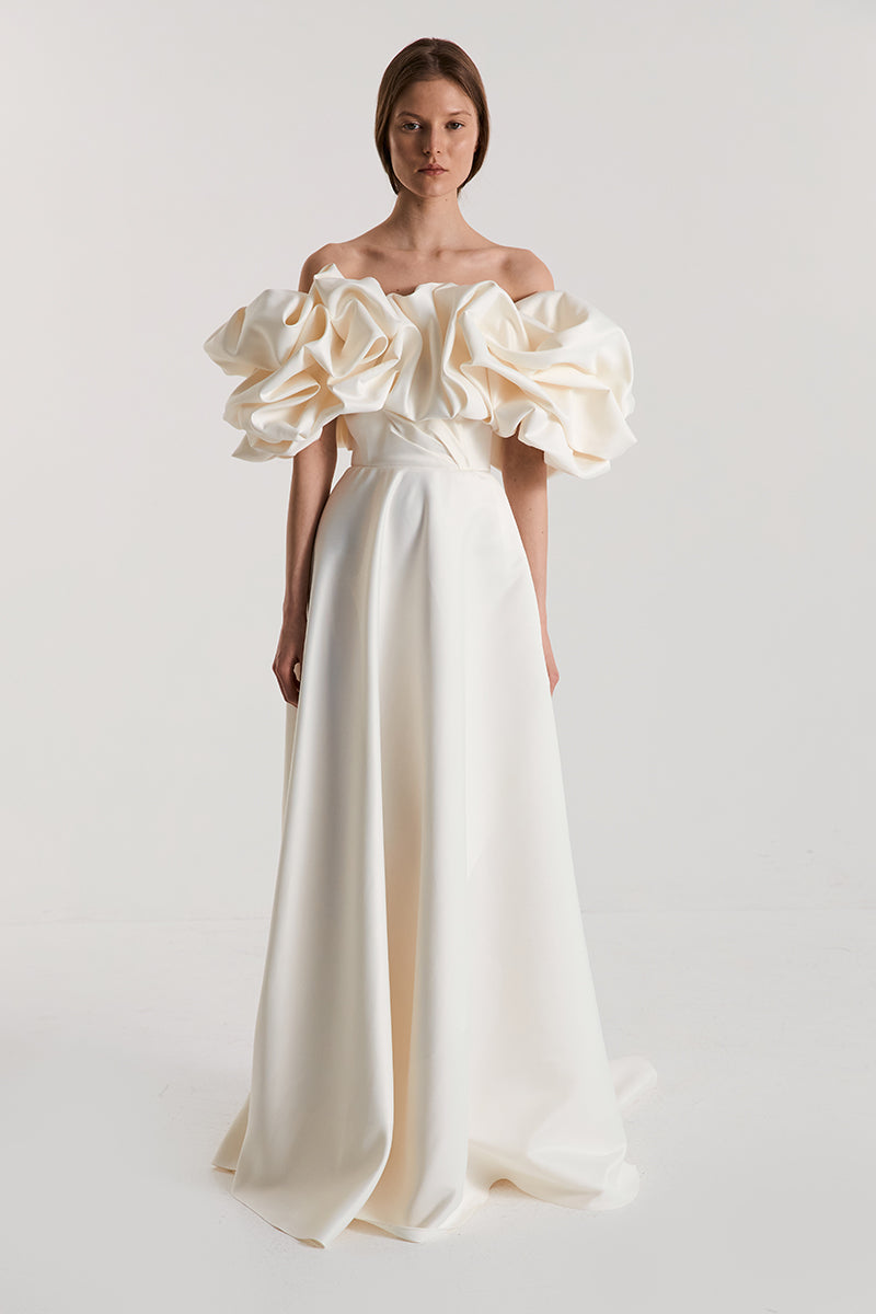 elegant white silk dress Petra White cowl-neck maxi gown in Silk Satin