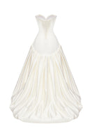 Off-white satin figure dress by Monetre featuring a maxi silhouette with elegant draping and a fitted waist.